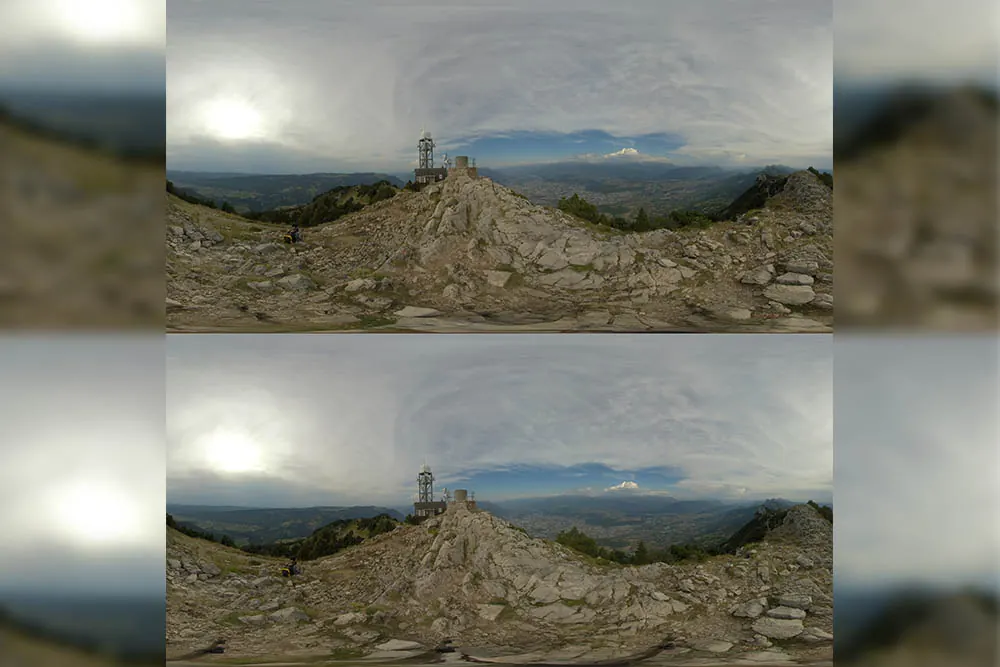Equirectangular 360° panorama of a mountain summit