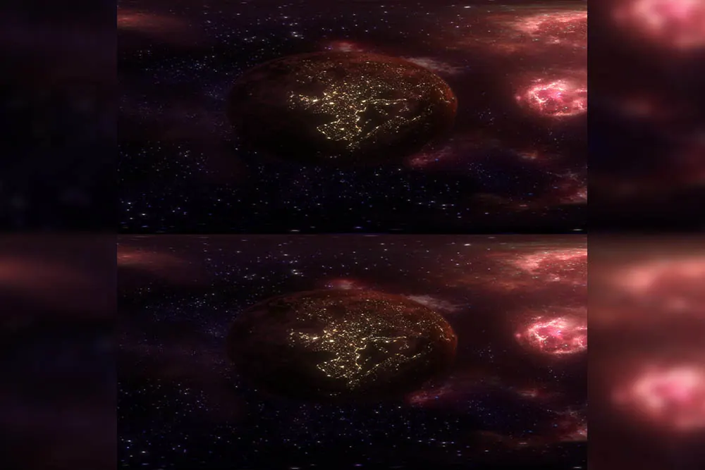 Over-under stereoscopic render of an asteroid in space