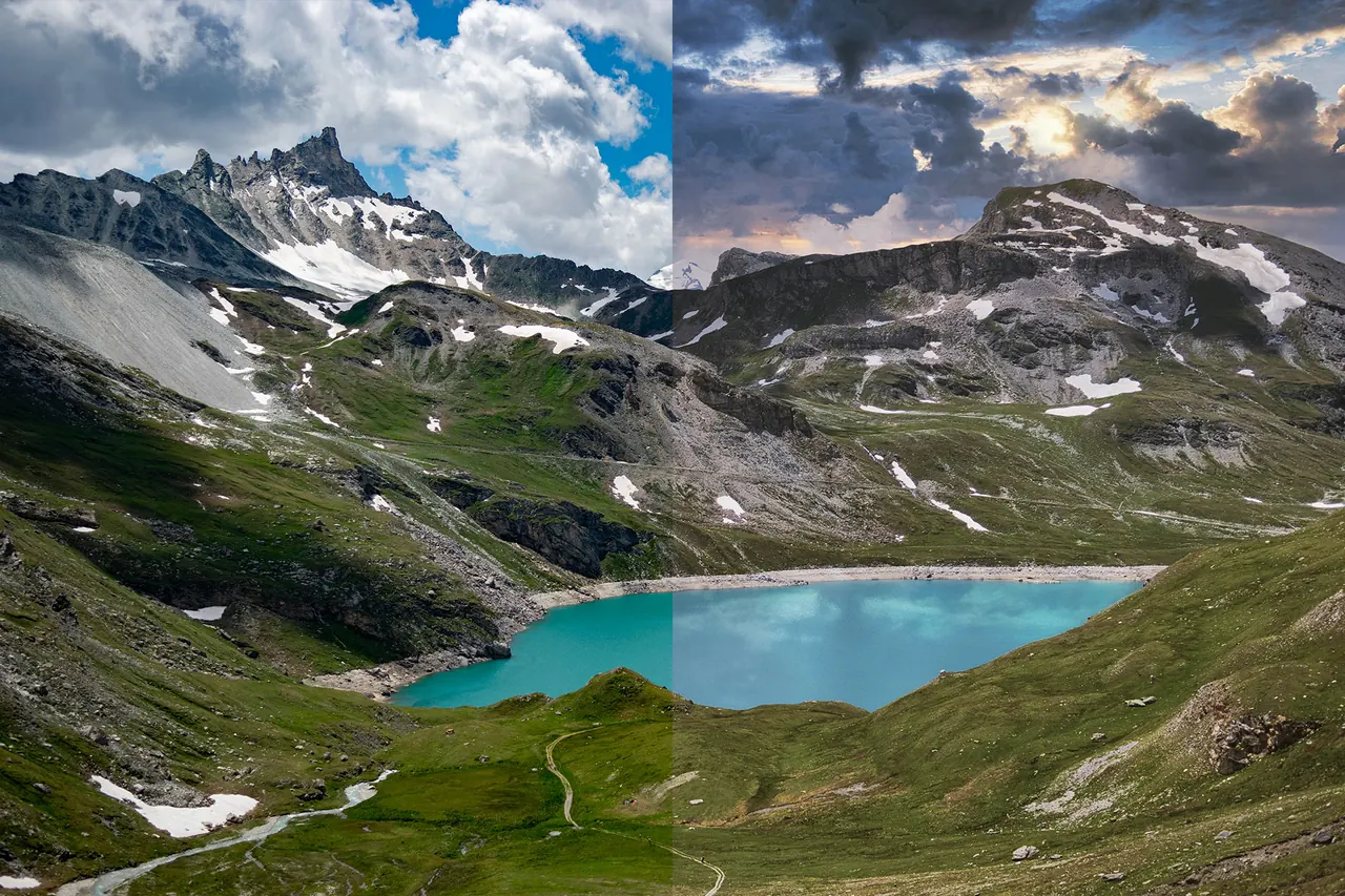 Before and after editing of an alpine lake photograph