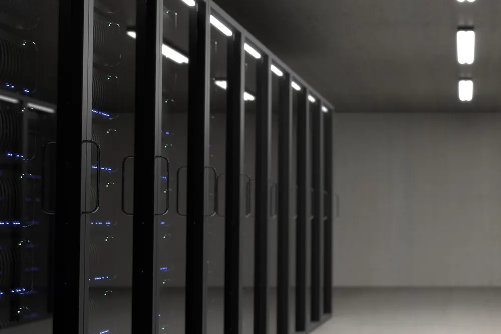 Rows of server racks in a data center